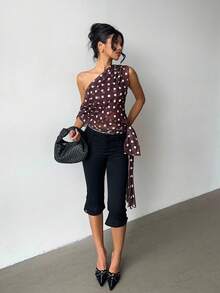 Aloruh 女士优雅不对称腰部透视系带露肩波尔卡圆点印花衬衫 - 彩色 - 查看 7