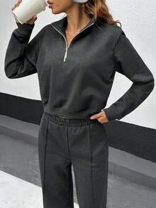 SHEIN Cottnline 2 PCS Zipper Sweatshirt & Wide Leg Sweatpants - Black - View 7