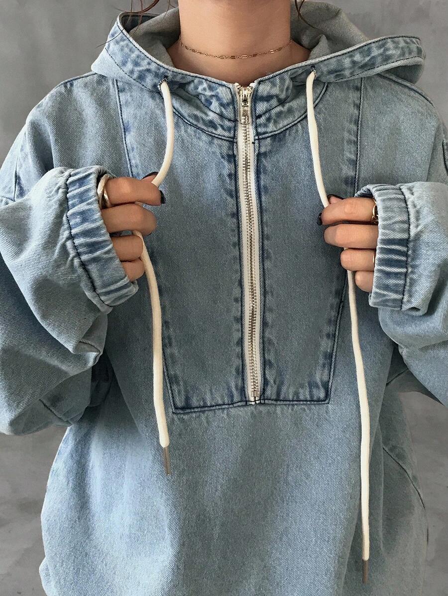 FRIFUL 女士宽松休闲牛仔连帽夹克和外套 - 藍色 - 查看 1