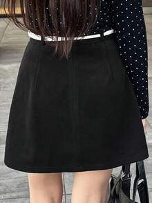 FRIFUL 女士黑色纯色褶裥短裙，百搭褶裥设计，休闲秋季款 - 黑色 - 查看 4