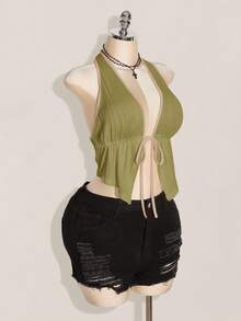 SHEIN ICON Blusa de punto negra con lazo en el cuello y espalda descubierta, talla grande, con tirantes con lazo delantero, top básico de cuello de halter estilo Y2K