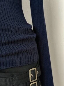 EgrlEra Women's Minimalist & Sweet Blue Asymmetrical Shoulder Long Sleeve Zip-Up Crew Neck Cardigan Knit Sweater, Autumn/Winter, Navy Blue Sweater - Royal Blue - View 5