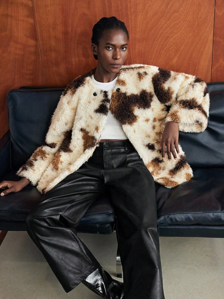 SHEIN Maija Women's Fashionable Color Block Faux Fur Jacket, Autumn/Winter  Brown Winter Clothes For Women Women's Winter Clothes