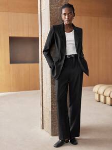 Maija Bộ đồ công sở 2 mảnh màu đen trơn thời trang tối giản thoải mái khi đi làm hàng ngày, trang phục chuyên nghiệp, áo khoác dài tay và quần ống rộng có khóa kéo, cạp chun thoải mái, thường ngày cho công sở - màu đen - Xem 3