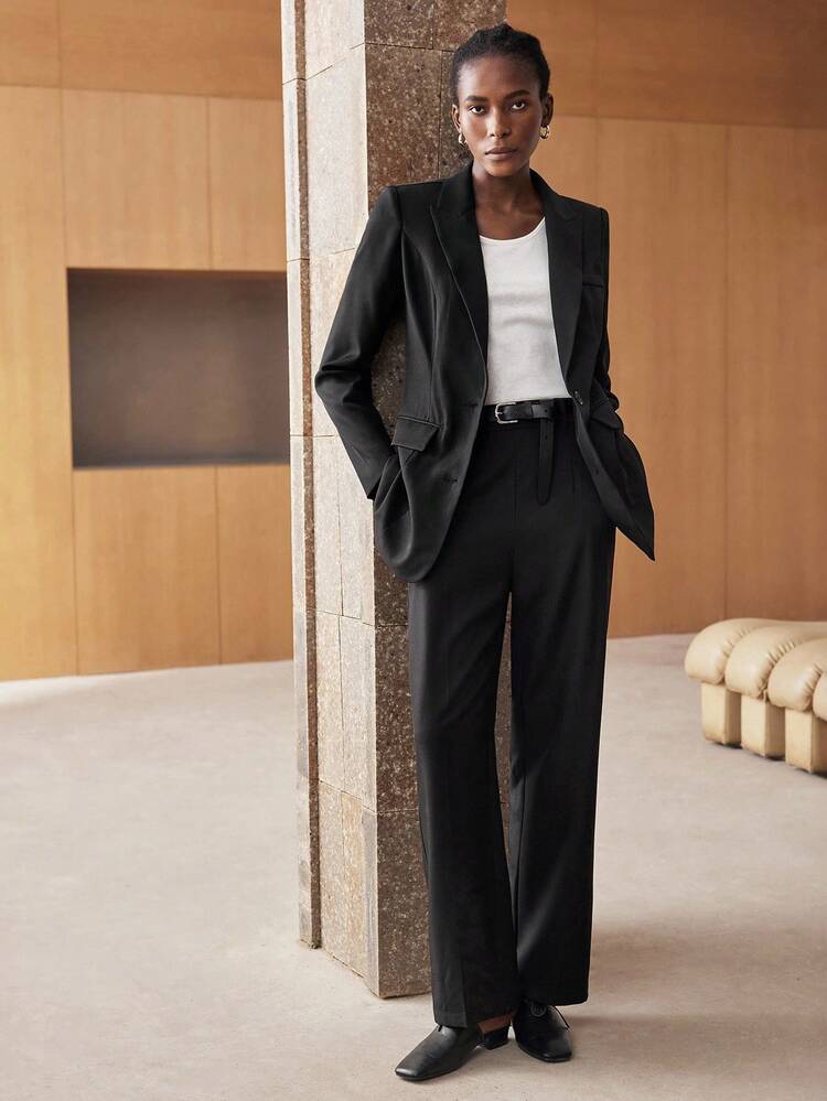 SHEIN Maija Women's Black Solid Color Minimalist Fashion Comfortable Daily Commute Office Wear Professional Outfit, Long Sleeve Jacket And Relaxed Waist Zipper Pocket Wide-Leg Pants 2 Pieces Suit, Business Casual Fall Clothes For Women  Business Casual Woman Office Outfits For Women