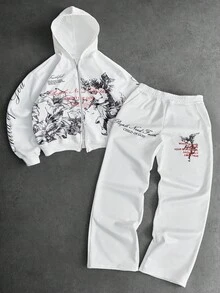 PAVTROS Manfinity Streetrush 男士街头风 INS 配套天使花卉元素复古涂鸦风格户外音乐节夜店男友老公礼物周年纪念礼物，保暖内衬卫衣裤套装，秋冬服装 - 白色 - 查看 1