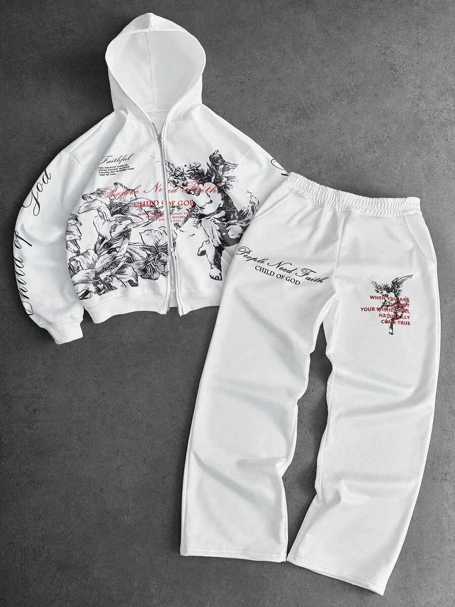 PAVTROS Manfinity Streetrush 男士街头风 INS 配套天使花卉元素复古涂鸦风格户外音乐节夜店男友老公礼物周年纪念礼物，保暖内衬卫衣裤套装，秋冬服装 - 白色 - 查看 1