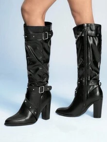 Sugerpunk 2025春秋新款女士尖头粗跟扣铆钉高筒靴，百搭马术风格 - 黑色 - 查看 3