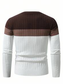 Calvornis Men's Contrast Color Crew Neck Long Sleeve Sweater, Casual Everyday Wear, Fall Winter - Multicolor - View 2