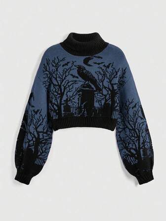 Goth Suéter de mujer de manga de linterna negra con estampado jacquard de luna, murciélago y rama de cementerio en un diseño gótico y oscuro de cuello alto y cálido