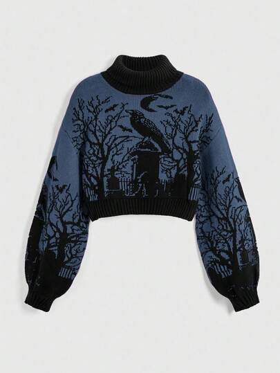 Goth Gotischer, dunkel-hochgeschlossener, warmer Raben-Friedhof-Mond-Fledermaus-Zweig-Jacquard-Schwarz-Laterne-Ärmel Damen Pullover