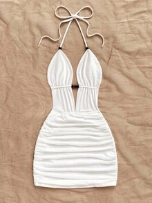 Soleia Vestido mini con escote profundo en V, tirantes con lazo y espalda descubierta para mujer, ajuste ceñido con drapeado, adecuado para fiesta, cita, té de la tarde, vacaciones de verano en la playa con estilo - Blanco - Ver 3