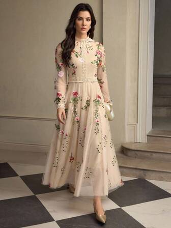 ZEYLAH Women's Stand Collar Long Sleeve Elegant Embroidered Lace Patchwork Dress