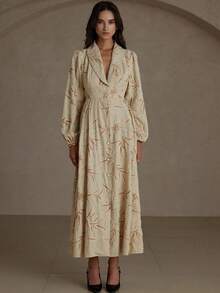 GENKIRA Natural Style Solid Color Embroidered Collar Single-Breasted High Waist Open Front Long Sleeve Dress For Women - Multicolor - View 7