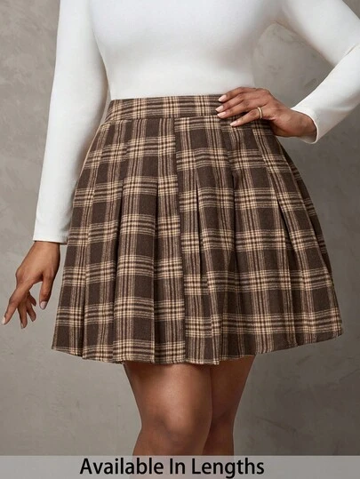 SHEIN Tall CURVE Plus Size Vintage Plaid Pleated A-Line Skirt