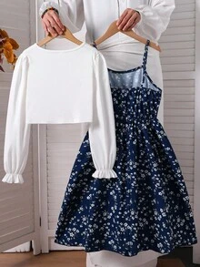 SHEIN Vintaside Kids 2 件女童休闲罗纹针织开衫，蝴蝶结装饰和简约印花吊带裙，春秋 - 藏蓝色 - 查看 2