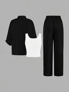 SHEIN LUNE 2024 新款三件套女士秋季穿搭：别致的梅拉德衬衫、修身阔腿裤、时尚西装外套 - 黑與白 - 查看 2