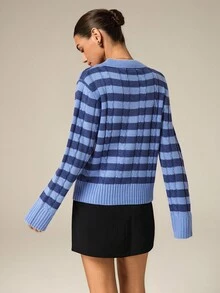 Hanevo Suéter casual versátil con cuello polo, tejido de punto de cable y bloques de color a rayas para otoño/invierno - Azul - Ver 2