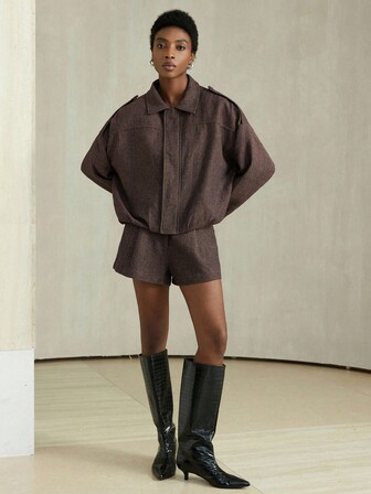 Aveloria Modichic 2pcs Women Herringbone Batwing Sleeve Bomber Jacket & Shorts Set Fall Cloth For Women