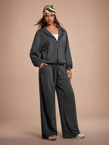 SHEIN Sports Conjunto deportivo de mujer con sudadera holgada de manga raglan y pantalón de chándal de unicolor - Gris Oscuro - Ver 5