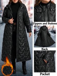 SHEIN Clasi 大码女式羽绒服，优雅黑色带口袋羽绒服，中长款羽绒服，带帽羽绒服，秋冬长款女式外套，长款绗缝夹克，冬季女式长款外套，女式羽绒服