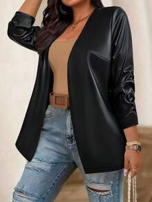 EMERY ROSE Plus Size Women's Front Open PU Leather Blazer Jacket, Autumn Fall Cloth For Women Winter