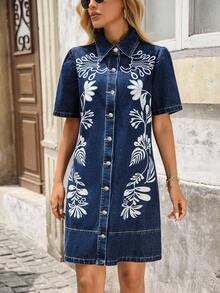 SHEIN Plus Size Casual Vacation Solid Color Embroidered Denim Dress - Dark Wash - View 3