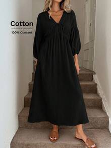 Easowa Sukienka damska długa, luźna, do pracy w stylu vintage, z dekoltem w serek, wiązaniem w talii i kokardą, z rozszerzanymi rękawami i plisowaną talią w kształcie litery A, z podwójną warstwą krepy, z bawełny pochodzenia naturalnego