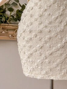 Lovelzi 优雅、浪漫、性感、香槟色、缎面、蝴蝶结、3D 花卉蕾丝拼接、褶饰、合身腰部中长连衣裙，适合生日派对、婚礼、鸡尾酒会 - 香檳色 - 查看 7