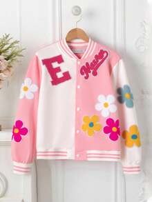 SHEIN Girls' Casual Fashionable Versatile Colorful 3D Floral Contrast Color Loose Baseball Jacket Coat, Spring/Autumn Fall Winter - Multicolor - View 7