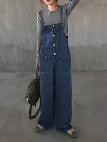 FRIFUL Women's Pocket Design Button Front Casual Wide Leg Jumpsuit Overalls - Blue - View 1