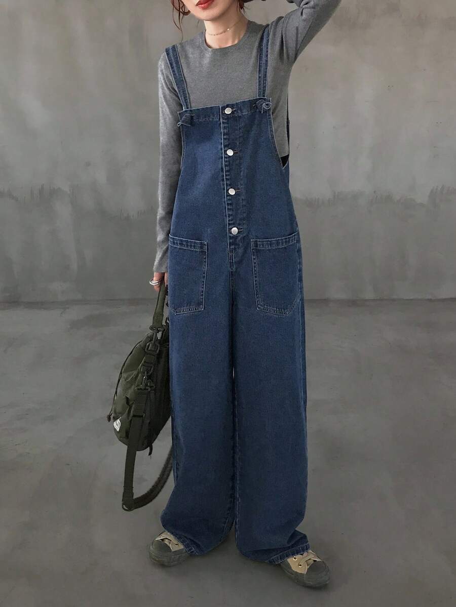 FRIFUL Women's Pocket Design Button Front Casual Wide Leg Jumpsuit Overalls - Blue - View 1