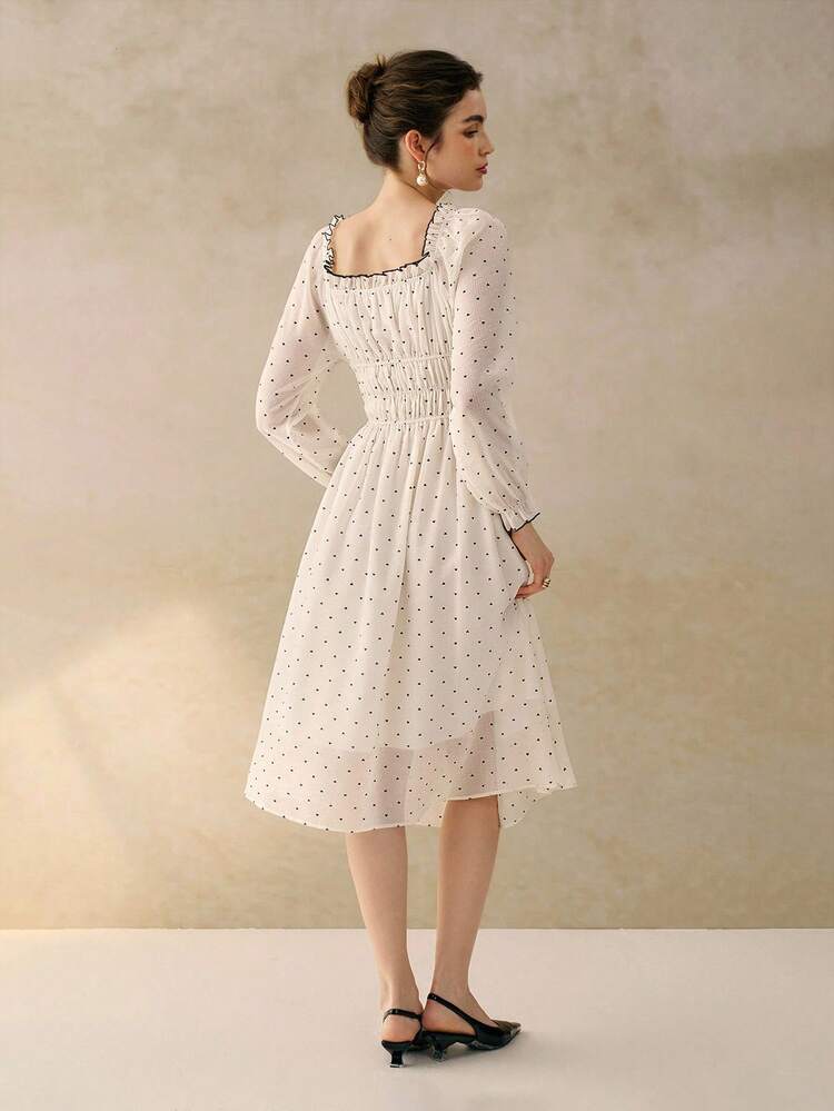 Cévolie 女士优雅圆点腰收腰长袖超长连衣裙 - 米色 - 查看 2