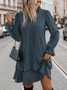 EMERY ROSE Women's Casual All-Over Print V-Neck Long Sleeve Dress - Blue - View 6