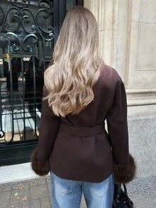 Aloruh 时尚毛绒袖口咖啡色大衣，秋冬