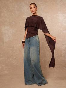 Lumalex Fall Winter Gathering Party Banquet Modest Old Money Coquette Glitter Holiday Party Rave Festival Outing Vacation Hot Outdoor Richly Layered Wedding Season Banquet Coming Of Age Ceremony Asymmetric Neck Ruched Fitted Women Blouse,Brown Top ID Al-Adha Al-Adha Party - Coffee Brown - View 6