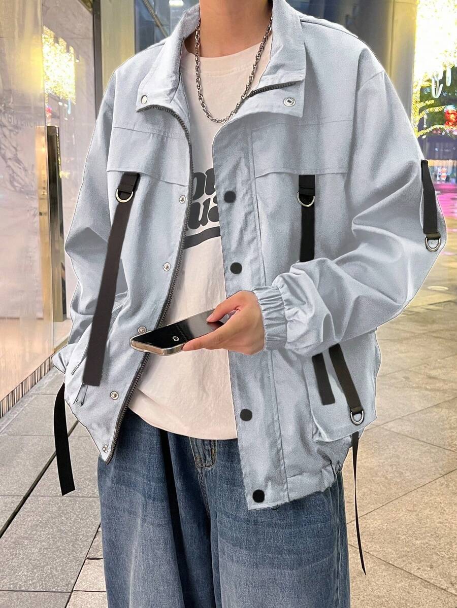 Manfinity Hypemode Loose Fit Men's Buckled Flap Pocket Drop Shoulder Jacket, Fall - Grey - View 1