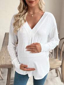SHEIN Maternity Loose Fit Jacquard Hollow V-Neck Long Sleeve T-Shirt - White - View 4