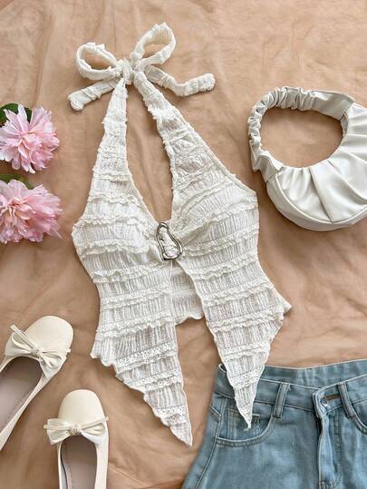 Soleia Damsemester Vit spetskant Stickad Texturerad Tyg Halterneck Rygglös Slits Fåll Åtsittande Cami Topp, Modern Metalldekoration, Sexig Stil För Strand, Musikfestival, Sommarfest