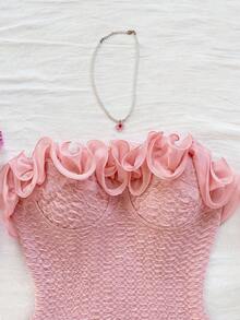 Soleia 女式荷叶边露背连体衣，适合派对、节日、约会、下午茶、度假、音乐节、海滩、夏季服装、波西米亚风、度假、钩针编织、亚麻布 - 粉色 - 查看 3