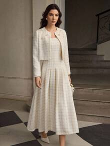 ZEYLAH 女式方领无袖优雅珍珠串珠腰喇叭裙 - 杏色 - 查看 7