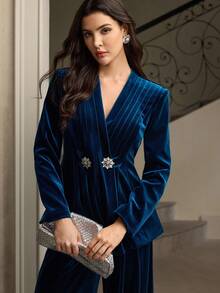 ZEYLAH Pleated Waist Velvet Collarless Blazer, Autumn/Winter - Blue - View 4