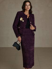 BELROSIE Set 2 pcs: Gaun Leher Bulat Warna Polos dengan Rok Panjang Dekorasi Bunga 3D - MultiWarna - View 5