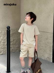 SHEIN Tween Boy Letter Patched Detail Tee & Shorts, School, Campus, College Summer Holiday - Apricot - View 1