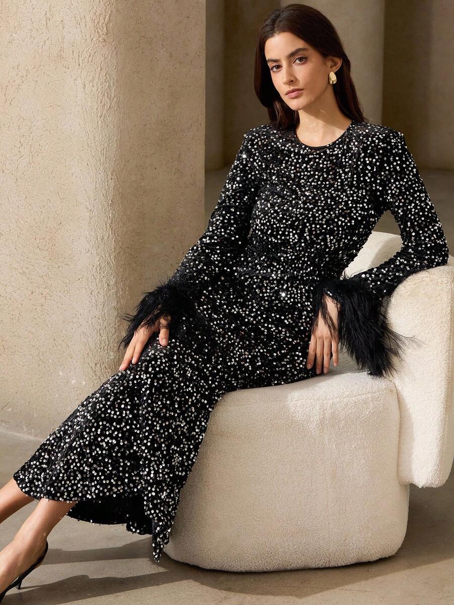 Aveloria Rosie Luxury Sequin Patchwork Faux Fur Cuff Dress, Chic Round Neck Slim Fit Sparkling Sequin Dress With Elegant Vibe - Black - View 1