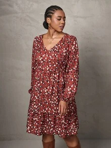 SHEIN Tall CURVE Plus Size Women Allover Print V-Neck Lantern Sleeve Ruffle Hem Casual Loose Dress - Orange - View 5