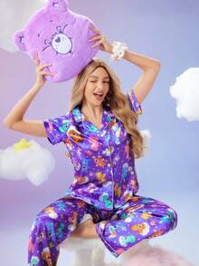 SweetSlumber X Carebears Women's Cute Cartoon Bear Print Satin Short Sleeve Top & Pants Pajama Set - Multicolor - View 7