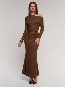 SHEIN BAE Vestido feminino elegante, cor sólida, ombro assimétrico, manga comprida, franzido, bainha rabo de peixe - Castanho - Ver 7