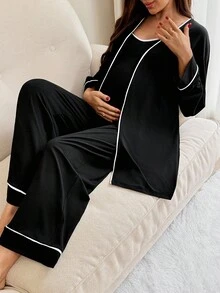 SHEIN 2件套休闲撞色边哺乳连体衣和夹克 - 黑色 - 查看 5