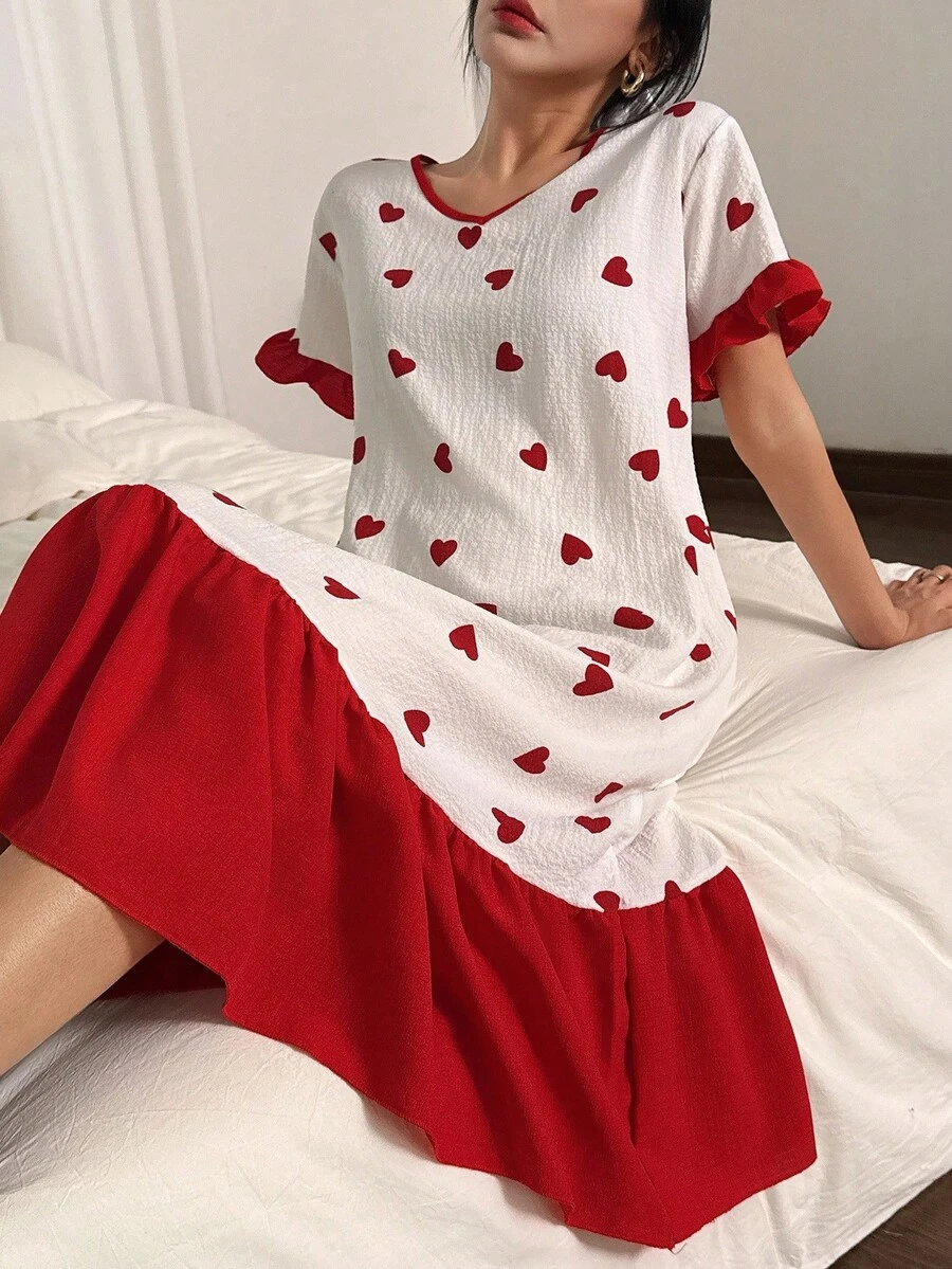 SHEIN Color Block Ruffle Trim Red Heart Print V-Neck Short Sleeve Nightgown, Moo Moo Night Dress - Red - View 1